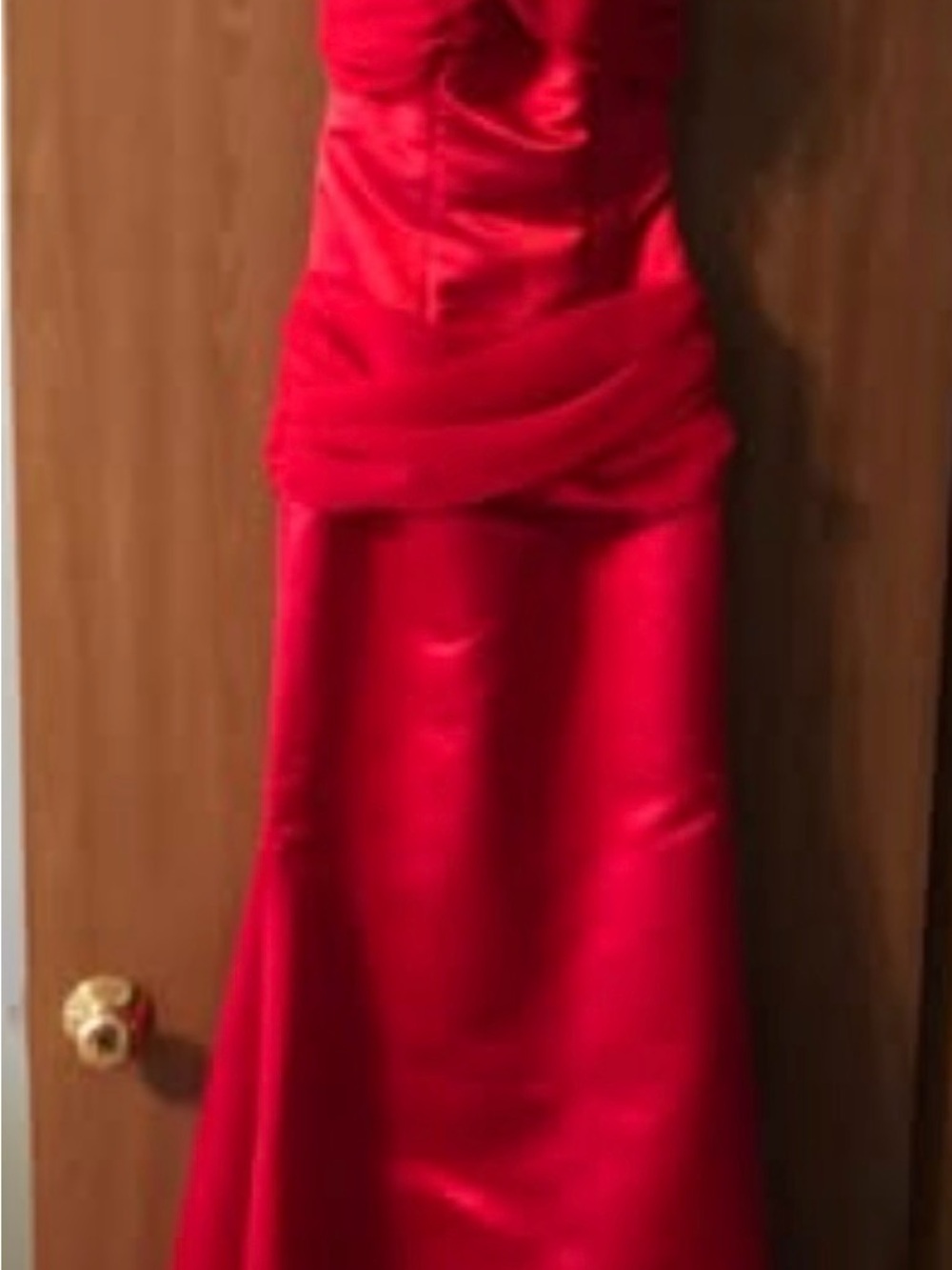 Red Satin Strapless Evening Gown
